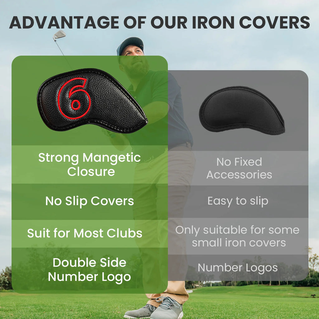 10-Pack Golf Iron Covers – Magnetic Closure, Premium Synthetic Leather