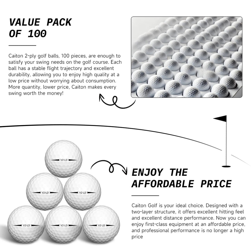 Caiton 100 Pack 2-Layer Golf Balls – 332 Dimples – Max Distance & Durability